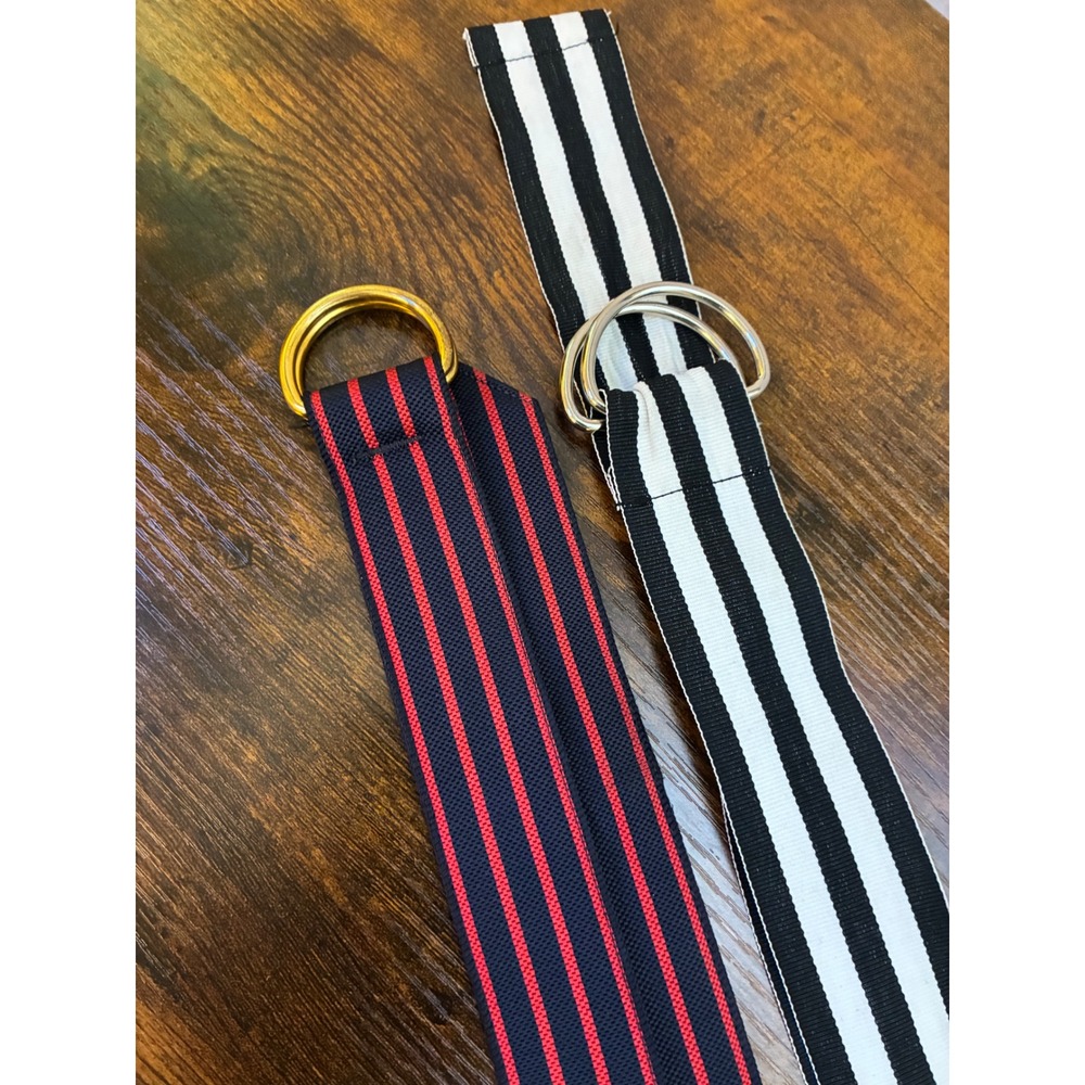 Vintage Preppy Ribbon D-Ring Belts Set Navy Red Black White Striped S M